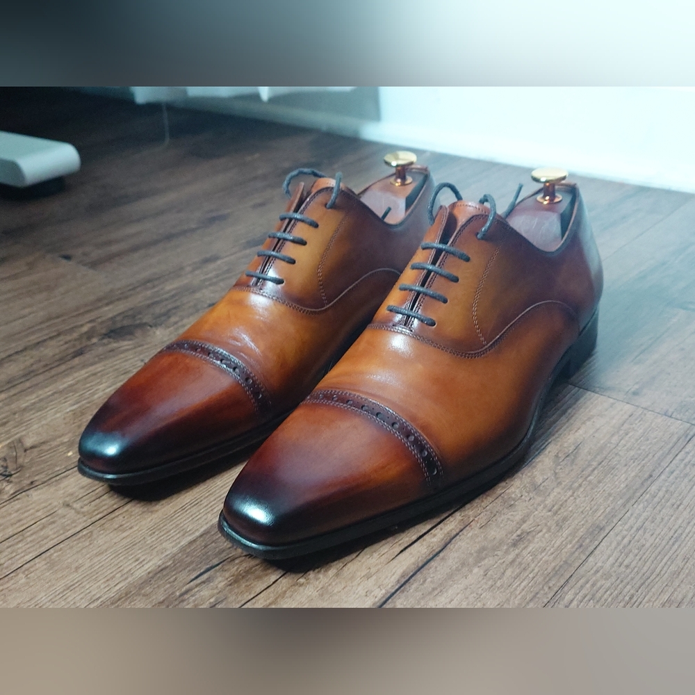 Magnanni Dress Shoes Cap Toe Burnished Brown Leather Mens Size 10.5 M
